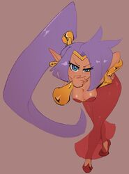 1girls bard-bot cleavage female leaning_forward long_hair pointy_ears ponytail purple_hair shantae shantae_(character) smooth_skin solo thinking