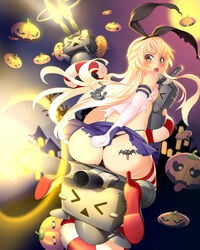 1girls accidental_exposure ass black_panties black_thong blonde_hair blush covering covering_ass embarrassed exposed exposed_ass exposed_panties female female_only gloves hair highleg_panties kantai_collection long_hair looking_back lucknight miniskirt narrow_shoulders panties pumpkin rensouhou-chan shimakaze_(kantai_collection) short_skirt skirt skirt_tug thighhighs thin_arms thin_waist thong torn_clothes torn_shirt torn_skirt white_gloves