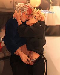 2boys bare_midriff blonde_hair boner clothed clothing gay grinding gripping gripping_hair hand_on_hair hand_on_head house katsuki_bakugou khyvafterdark male male/male my_hero_academia open_mouth pale-skinned_male pale_skin party penis penis_grab penis_out pierced_ears piercing semi_public shouto_todoroki two_tone_hair underwear yaoi