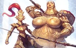 absurd_res armor big_belly blood bodily_fluids breastplate breasts crested_helmet cyancapsule dark_souls detailed dragon_slayer_ornstein duo empty_eyes executioner_smough female fromsoftware gauntlets gold_armor hammer hand_on_stomach hi_res humanoid lips melee_weapon nipples not_furry overweight overweight_female pauldrons plate_armor polearm pose red_hair red_lips rule_63 shoulder_armor simple_background spear thigh_armor tools video_games weapon