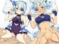 2boys 2girls aqua_hair armlet bed_sheet bikini bikini_top_only blue_bikini blue_eyes blue_nails blush bottomless bow breasts censored chestnut_mouth clothing_aside core_crystal covered_erect_nipples covered_navel earrings eyepatch fingerless_gloves from_above gloves gluteal_fold hair_bow hetero highres holding_hands interlocked_fingers jewelry large_breasts linea_alba looking_at_viewer looking_up lying medium_breasts missionary mosaic_censoring multiple_boys multiple_girls multiple_penises nail_polish navel nintendo on_back on_bed one-piece_swimsuit open_mouth penis pillow pink_nails praxis_(xenoblade) purple_eyes purple_one-piece_swimsuit pussy pussy_juice sex shiny shiny_hair shiny_skin smile spread_legs sweat swimsuit swimsuit_aside tagme tan theory_(xenoblade) thick_thighs thigh_grab thighs torso_grab tsurime vaginal vaginal_penetration veins veiny_penis xenoblade_(series) xenoblade_chronicles_(series) xenoblade_chronicles_2 yaomai