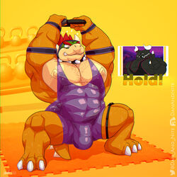 1:1 2020 abs anthro armband armpit_hair barazoku big_bulge big_muscles black_mankini blue_mankini bodily_fluids body_hair bowser bulge chest_hair collar controller danandnite dragaux dragon duo emanata english_text exercise eyebrows flaccid game_controller gaming genital_outline genitals gesture gym hair holding_object horn inside koopa legband male male_only mankini mario_(series) muscular muscular_anthro muscular_male nintendo nintendo_controller nipples obliques pecs penis penis_outline pink_mankini playing_videogame raised_finger raised_index_finger ring_fit_adventure scalie spiked_collar spikes squats sweat text thighband video_games workout wrestling_singlet wristband