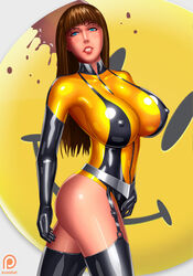 1girls big_breasts blue_eyes brown_hair dc_comics erection female female_focus female_only large_breasts laurie_jupiter long_hair looking_at_viewer silk_spectre sole_female superheroine svoidist watchmen watchmen_(2009)