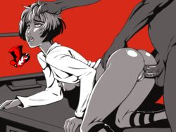 abstract_background ahe_gao big_penis breasts dark-skinned_male desk doggy_style faceless_male hair_pull hip_grab interracial kyder labcoat monochrome persona persona_5 plump_labia pussy sex sex_from_behind sex_on_desk tae_takemi uncensored vaginal_penetration