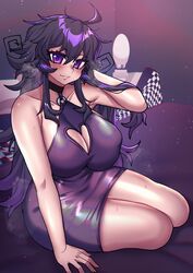 big_breasts choker crawling_dreams curvy dark_hair dress huge_breasts kneeling long_hair looking_at_viewer nyarla_(crawling_dreams) osiimi purple_eyes short_dress thick_thighs