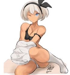 1girls 9_9bird bea_(pokemon) blue_eyes bra nintendo panties pokemon pokemon_ss short_hair socks solo thighhighs thighs underwear undressing wince