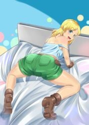 1girls ass ass_up bed big_ass big_breasts big_butt blonde_hair blue_eyes blush boots breasts bubble_ass bubble_butt clothes clothing eyebrows_visible_through_hair female female_only fingerless_gloves gloves green_shorts huge_ass huge_butt human human_only large_ass lori_loud on_bed open_mouth shoes shorts sly smile smooth_skin solo solo_female solo_focus tank_top the_loud_house thick thick_thighs thighs