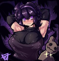 1girls ahoge alternate_breast_size armpits arms_up headband hex_maniac huge_breasts nintendo nipples_visible_through_clothing pokemon pokemon_xy purple_hair sweat th3k1d