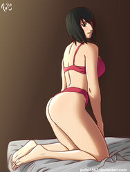 1girls ass back barefoot bed big_ass black_eyes black_hair bra breasts deviantart feet female female_only long_hair naruto naruto_(series) naruto_shippuden on_bed panties pollo1567 shizune sideboob smile soles solo straps toes underwear