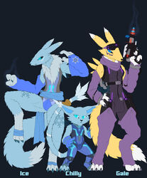 animal_genitalia anthro balls balls_outline breasts bulge canid clothed clothing digimon digimon_(species) english_text female frostwyrm102 gatomon genital_outline genitals group gynomorph intersex mammal ranged_weapon raygun renamon sheath sheath_outline simple_background text tight_clothing traditional_media_(artwork) weapon