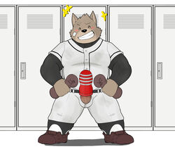 2021 anthro bottomwear brown_body brown_fur canid canine canis closed_eyes clothing domestic_dog erection fur furry genitals goujuyu hi_res humanoid_genitalia humanoid_hands humanoid_penis inside kemono locker_room male male_only mammal pants penis shirt solo sport tenga tenga_egg topwear