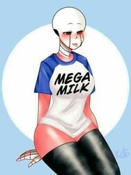 black_legwear black_thighhighs bones ectobody ectobreasts ectoplasm female genderswap genderswap_(mtf) glowing glowing_eyes heart-shaped_pupils heart_eyes killer_sans killer_sans_(fan_character) kotohere_(artist) mega_milk red_body rule_63 sans sans_au sans_oc sitting skeleton solo thighhighs tongue tongue_out undertale_au