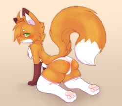 anthro ass bedroom_eyes blush bulge canid canine clothing fox fox_(minecraft) furry girly green_eyes legwear luxx male male_only mammal narrowed_eyes orange_body presenting presenting_hindquarters raised_tail seductive solo thigh_highs underwear