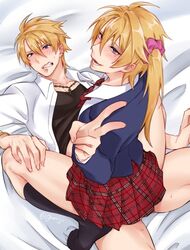 2boys anal anal_sex blonde_hair blush bottomless clenched_teeth clone clothed clothed_sex cowgirl_position crossdressing doppelganger earrings embarrassed facing_away femboy gay kneehighs long_hair looking_at_viewer looking_back makishima_reiji male_only mole mole_under_eye muscular muscular_femboy on_bed partially_clothed peace_sign plaid_skirt riding school_uniform selfcest shirt_lift sissy smile straddling toned toned_male trap twintails yaoi yarimesu