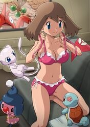 1girls belly_button bikini blue_eyes bonsly breasts brown_hair changing collarbone corphish female female_focus may_(pokemon) mew mime_jr. navel pink_bikini pokemoa pokemon pokemon:_lucario_and_the_mystery_of_mew pokemon_(anime) pokemon_(movie) pokemon_(species) squirtle swimsuit tummy