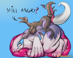 5:4 ambiguous_gender anal anal_vore angry anus belly big_belly big_breasts breasts duo english_text female feral grey_body hand_on_stomach heart hi_res hyper hyper_belly intersex intersex/female legendary_pokémon lugia male nintendo pokemon pokemon_(species) puffy_anus purple_eyes salazzle sassylebraix scalie tailwag text video_games vore white_body wide_hips