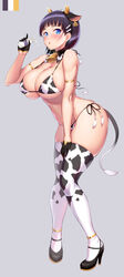 1girls animal_ears animal_tail bangs bell bell_collar big_breasts bikini black_hair blue_eyes blush bottle collar cow_bell cow_bell_collar cow_bikini cow_ears cow_girl cow_horns cow_pattern cow_print cow_print_bikini cow_print_legwear cow_print_stockings cow_print_thighhighs cow_swimsuit cow_tail fake_animal_ears fake_horns fake_tail female_only full_body hairclip heels high_heels kawase_seiki kirigaya_suguha legwear looking_at_viewer milk_bottle short_hair side-tie_bikini sword_art_online tail thighhighs