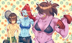 1boy 2girls abs anthro bangs bangs_over_eyes bikini bikini_bottom bikini_top blue_skin brown_hair cramp deltarune exercise female fish fish_girl hair hair_over_eyes height_difference kris_(deltarune) laughing male male/female/female muscular muscular_female open_mouth ponytail pugthe2ro purple_skin red_hair sharp_teeth shorter_male smile smiling struggling susie_(deltarune) sweat swimsuit taller_female undertale undyne undyne_(deltarune) weightlifting weights yellow_teeth