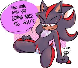 anthro black_body black_hair black_nose br00kiedraws cuntboy cuntboy_only english_text hair half-closed_eyes hedgehog intersex mammal pussy red_body red_eyes red_hair shadow_the_hedgehog solo sonic_(series) text