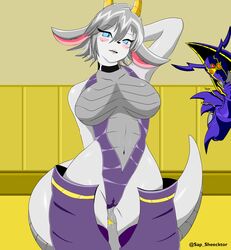 absurd_res anthro blue_eyes blush bodily_fluids breasts buster_blader buster_whelp_of_the_destruction_swordsman cameltoe choker dragon duo featureless_breasts female genital_fluids grey_hair hair hand_behind_head hi_res horn jewelry looking_at_viewer male male/female navel necklace pussy_juice scalie sheecktor