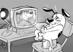 1boy balls blush canid canine canis cartoon_network computer courage courage_the_cowardly_dog courage_the_cowardly_dog_(character) domestic_dog duck_hunt duck_hunt_dog genitals greyscale humanoid_genitalia humanoid_penis male male_only mammal masturbation monochrome nintendo penis solo solo_male torquewintress video_games