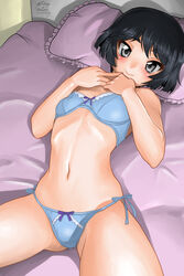 1girls bangs bed black_hair blush bra breasts censor_bar eyebrows_visible_through_hair girls_und_panzer grey_eyes looking_at_viewer lying lying_on_back lying_on_bed matsui_yasutsugu navel on_bed panties pussy short_hair small_breasts smile underwear utsugi_yuuki