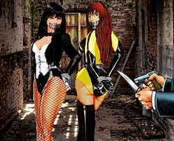 2girls bondage crossover dc_comics female_focus female_only forced held_at_gunpoint justice_league laurie_jupiter multiple_girls silk_spectre straight_hair watchmen watchmen_(2009) zatanna zatanna_zatara