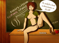 alison_r_hart_burnett big_breasts breasts chalkboard classroom clitoris commission commissioner_upload desk g.i._joe lady_jaye looking_at_viewer lucabor name_plaque on_desk open_legs open_shirt pussy sex_ed sex_education speech_bubble