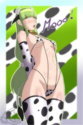 1girls cami_(fnafhs) cow_ears cow_girl cow_horns cow_print cow_tail ed-nsfw female fnafhs fnafhs_z3ro green_hair long_hair red_eyes small_breasts sole_female