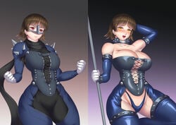 1girls atlus before_and_after bimbo bimbofication bob_cut breast_expansion eyeshadow hand_behind_head haryudanto lipstick makeup makoto_niijima megami_tensei mind_control persona persona_5 phantom_thief_suit red_eyes sega shadow_self_(persona) stripper stripper_pole thong wide_hips yellow_eyes