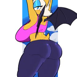 1girls anthro armpits arms_up back_view bat_wings big_ass big_breasts blue_eyes clothed female furry huge_breasts leggings looking_at_viewer looking_back rouge_the_bat round_ass sega shortstack simple_background sonic_(series) sonic_the_hedgehog_(series) stretching sweat sweatdrop sweating tail thick_ass thick_thighs tight_clothing white_fur wide_hips wings xyakiwi