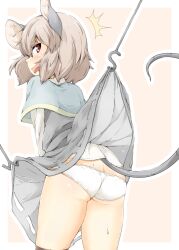 accidental_exposure animal_ears ass ass_cleavage assisted_exposure blush butt_crack embarrassed female female_only from_behind grey_hair hook looking_at_viewer looking_back mepikari mouse_ears mouse_girl mouse_tail nazrin panties red_eyes short_hair skirt skirt_lift standing sweat sweatdrop tagme tail thighhighs touhou underwear upskirt white_panties