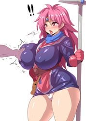 1girls anime_style blush breast_grab breasts brown_eyes clothing curvy dragon_quest dragon_quest_dai_no_daibouken erect_nipples female gloves grabbing groping hand_up huge_breasts human konno_tohiro large_breasts long_hair maam miniskirt nipples open_mouth pale-skinned_female pale_skin panties pink_hair plump priestess shounen_jump skirt staff thick_thighs thighs tongue tongue_out underwear voluptuous wide_hips