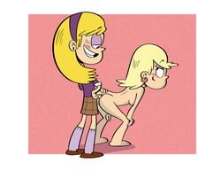 2girls ass bent_over blonde_hair blush breasts carol_pingrey clothed clothed_female_nude_female clothing duo female_only grin hand_on_ass lap_dance lapdance leni_loud looking_at_another multiple_girls naked nude the_loud_house thegatewaymeat twerking yuri