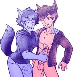 2boys aaron_lycan aphmau aphmau_(youtuber) bulge ein_(aphmau) facial_hair gay handjob male_only muscles open_hoodie precum sweater werewolf