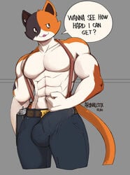 2021 abs absurdres anthro aronhilistix belt big_bulge bottomwear bulge dated denim denim_clothing dialogue domestic_cat english_text epic_games erection erection_under_clothing felid feline felis flexing fortnite fur furry grey_background gun highres holster jeans looking_at_viewer male male_only mammal meowscles_(fortnite) multicolored_body multicolored_fur muscular muscular_anthro muscular_male navel pants pecs ranged_weapon sheathed_weapon signature simple_background solo standing suspenders talking_to_viewer text topless topless_male weapon