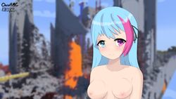 1girls 2b2t 9b9t 9b9t-chan blue_hair boobs heterochromia looking_at_viewer minecraft tagme teenager