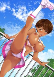 1girls areolae athletic athletic_female big_breasts blush blz breasts breasts_out brown_hair cheerleader cheerleader_uniform dark-skinned_female dark_skin exhibitionism female large_breasts leg_lift nipples no_bra outdoors outside short_hair string_panties super_real_mahjong super_real_mahjong_p5 toono_mizuki very_short_hair