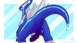 2020s 2021 animal_genitalia animal_penis anus ass balls blue_background claws dialga digital_media_(artwork) dragon equine_penis erection femboy feral genitals hi_res lechecker legendary_pokemon looking_back male male_only nintendo nude penis pokémon_(species) pokemon pokemon_(species) quadruped rear_view red_eyes simple_background solo video_games white_background