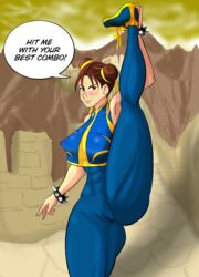 chun-li dialogue guyvanity leg_lift sneakers street street_fighter street_fighter_alpha street_fighter_alpha_2 tight_clothing wall