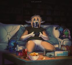 anthro bottomless bottomless_female cervid clothed clothing colored depth_of_field female fingerless_(marking) furniture gaming genitals gloves_(marking) inner_ear_fluff kobold mammal markings plushie pussy smile sofa solo sudo_poweroff table tuft