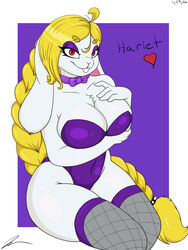 anthro big_breasts blonde_hair bowtie breasts broodal buckteeth chest_tuft clothing eyeliner female hair hariet_(mario) jeffthehusky legwear leotard long_ears long_hair makeup mario_(series) nintendo ponytail sitting smile solo super_mario_odyssey teeth thick_thighs thighhighs tuft video_games