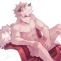 abs biceps big_penis blonde_hair katsuki_bakugou male_focus male_only my_hero_academia naked nipples pecs penis precum red_eyes saltyfrites solo_male wolf_ears