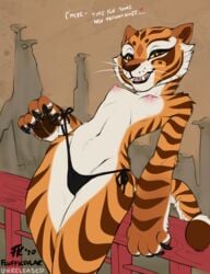 1girls anthro brown_background dreamworks female fluff-kevlar fur furry kung_fu_panda master_tigress small_breasts solo tigress topless