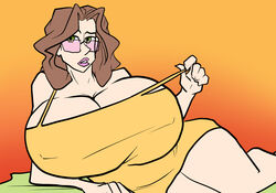 brown_hair gigantic_breasts glasses hyper_breasts janet_powell lucky-curse