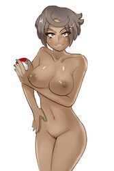 1girls breasts brown_hair dark-skinned_female dark_skin elite_four female jberserk lipstick looking_at_viewer naked nintendo nipples nude olivia_(pokemon) poke_ball pokemon pokemon_sm purple_eyes pussy short_hair solo vagina white_background