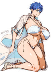 alternate_costume belly_button big_breasts bikini blue_eyes blue_hair breasts choker coat female female_focus female_only fire_emblem fire_emblem:_path_of_radiance fire_emblem:_radiant_dawn huge_breasts ike_(fire_emblem) intelligent_systems knees looking_away navel nintendo platform_heels rule_63 shiny shiny_skin short_hair small_waist sole_female solo solo_female solo_focus swimsuit swimsuit_costume swimwear thick_thighs thighs tomboy toned toned_female toned_stomach under_boob underboob very_short_hair white_background white_bikini yajiro_masaru