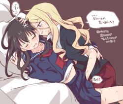 2girls black_hair blonde_hair blue_sailor_collar blue_skirt blush brown_background ear_blush femdom femsub fingering frenda_seivelun hair hair_between_eyes hair_ornament hand_on_another's_head highres lezdom long_hair looking_at_another lying miiii multiple_girls on_back pantyhose pleated_skirt pussy_juice red_neckwear red_skirt sailor_collar saten_ruiko school_uniform serafuku simple_background skirt speech_bubble sweat to_aru_kagaku_no_railgun to_aru_majutsu_no_index translation_request yuri