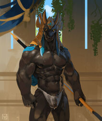 2020 anthro anubian_jackal anubis balls big_arms black_body bodily_fluids bulge canid canine canis clothing deity egyptian egyptian_clothing egyptian_headdress egyptian_mythology foreskin furry gem genital_outline genitals hi_res holding_object holding_weapon humanoid_genitalia humanoid_penis jackal looking_at_viewer male mammal manly middle_eastern_mythology muscular muscular_anthro muscular_arms muscular_male mythology neungsonie nipples pecs penis penis_outline signature sky solo sweat thick_arms translucent translucent_clothing translucent_underwear uncut underwear vein veiny_penis weapon wet wet_clothing wet_underwear yellow_eyes