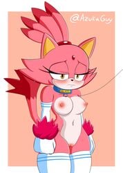 akuzaguy anthro blaze_the_cat burning_blaze collar domestic_cat female forehead_jewel gem hair leash navel nude ponytail red_body sonic_(series) standing white_body yellow_eyes